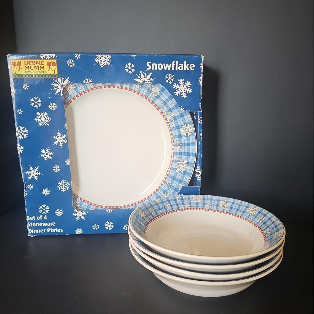 Sakura Snowflake Debbie Mumm Dinner Plates-4 Bowls-4 VTG 2000 Christmas - ER